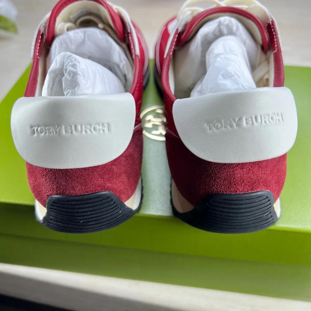 Tory Burch Vintage Sneaker 2.0 Tory Red White Leather Suede 164280 Womens 10.5